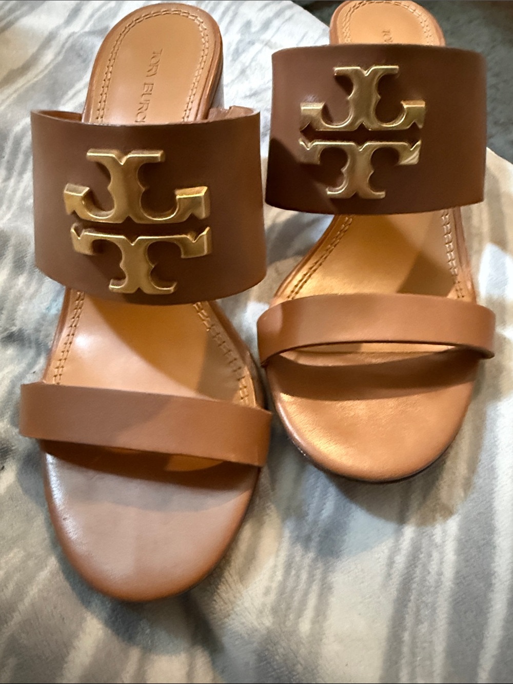 Tory Burch Brown Leather Double-Strap Slide Sandals with Gold Logo